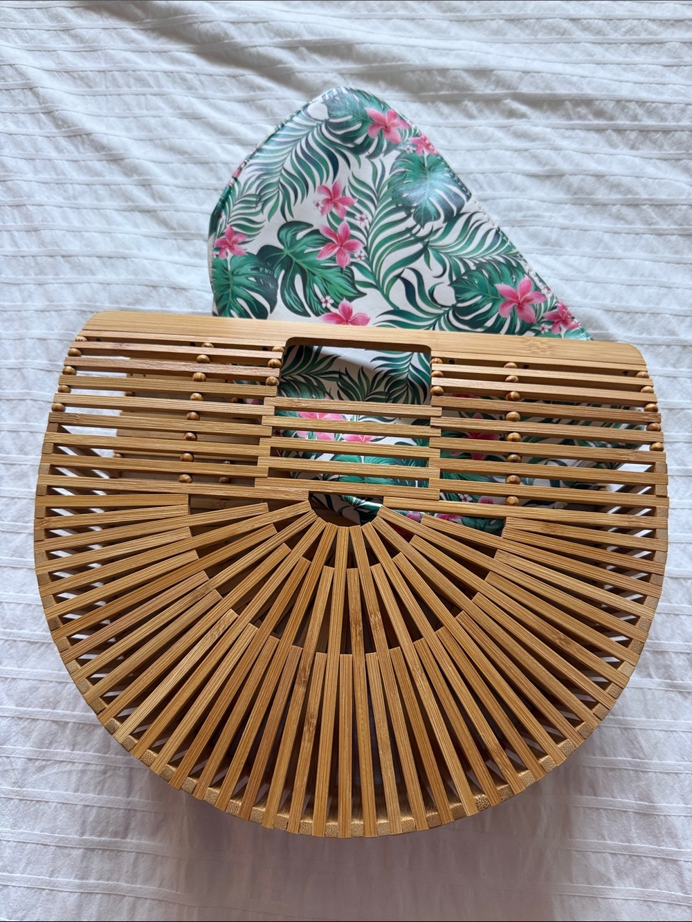 Bamboo Semi-Circle Handbag with Tropical Lined Pouch